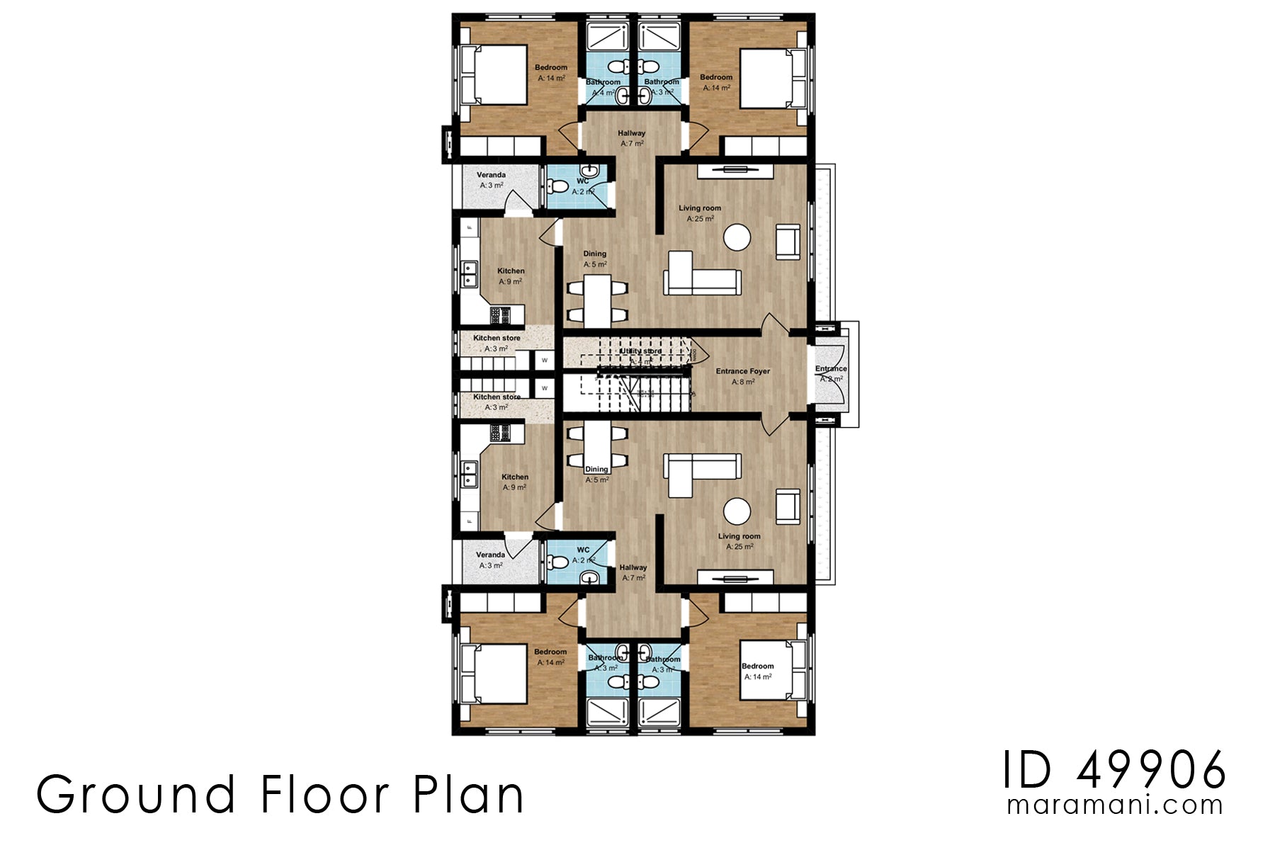 12-Bedrooms, 4-Story Apartment Block Plan  - ID 49906
