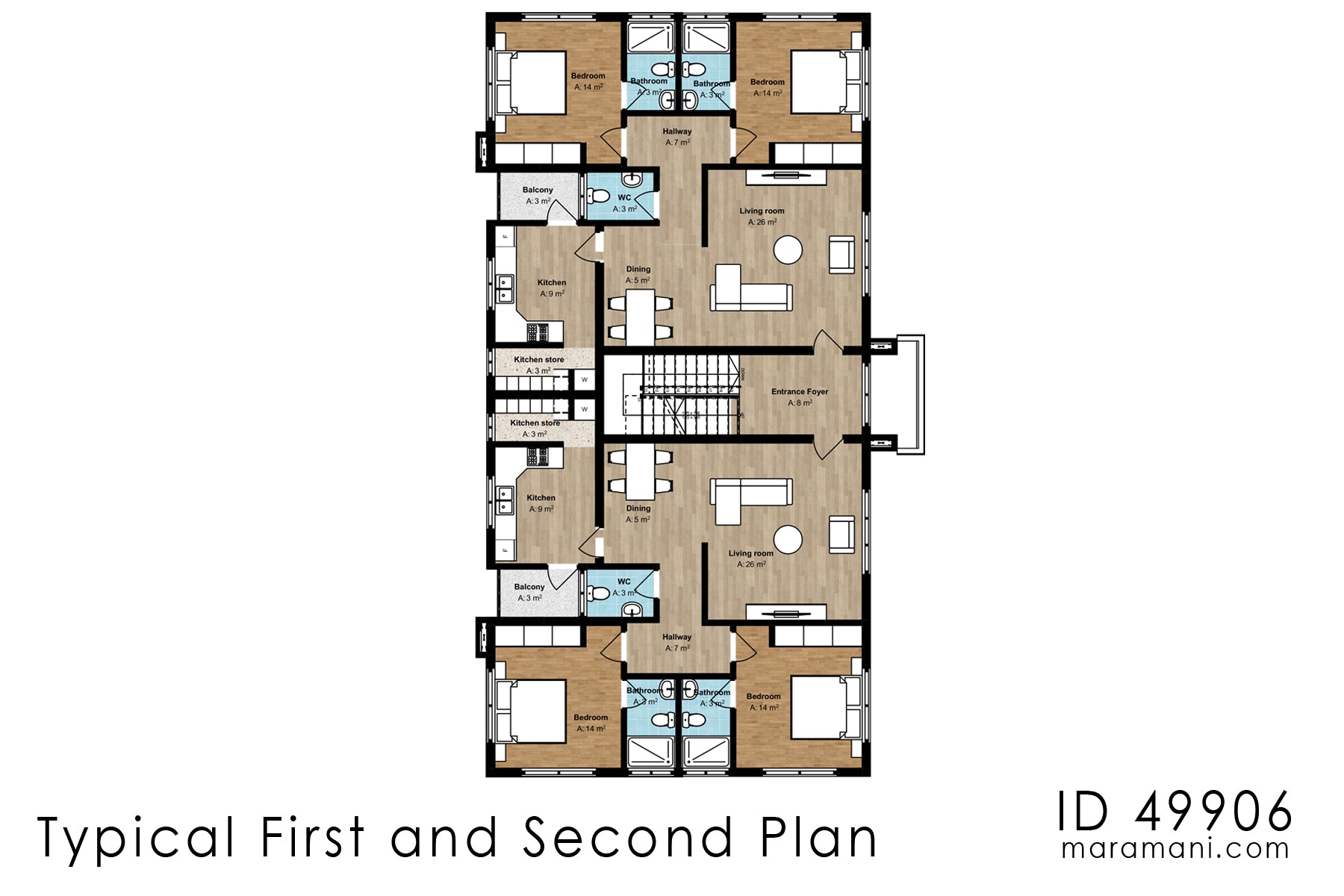 12-Bedrooms, 4-Story Apartment Block Plan  - ID 49906