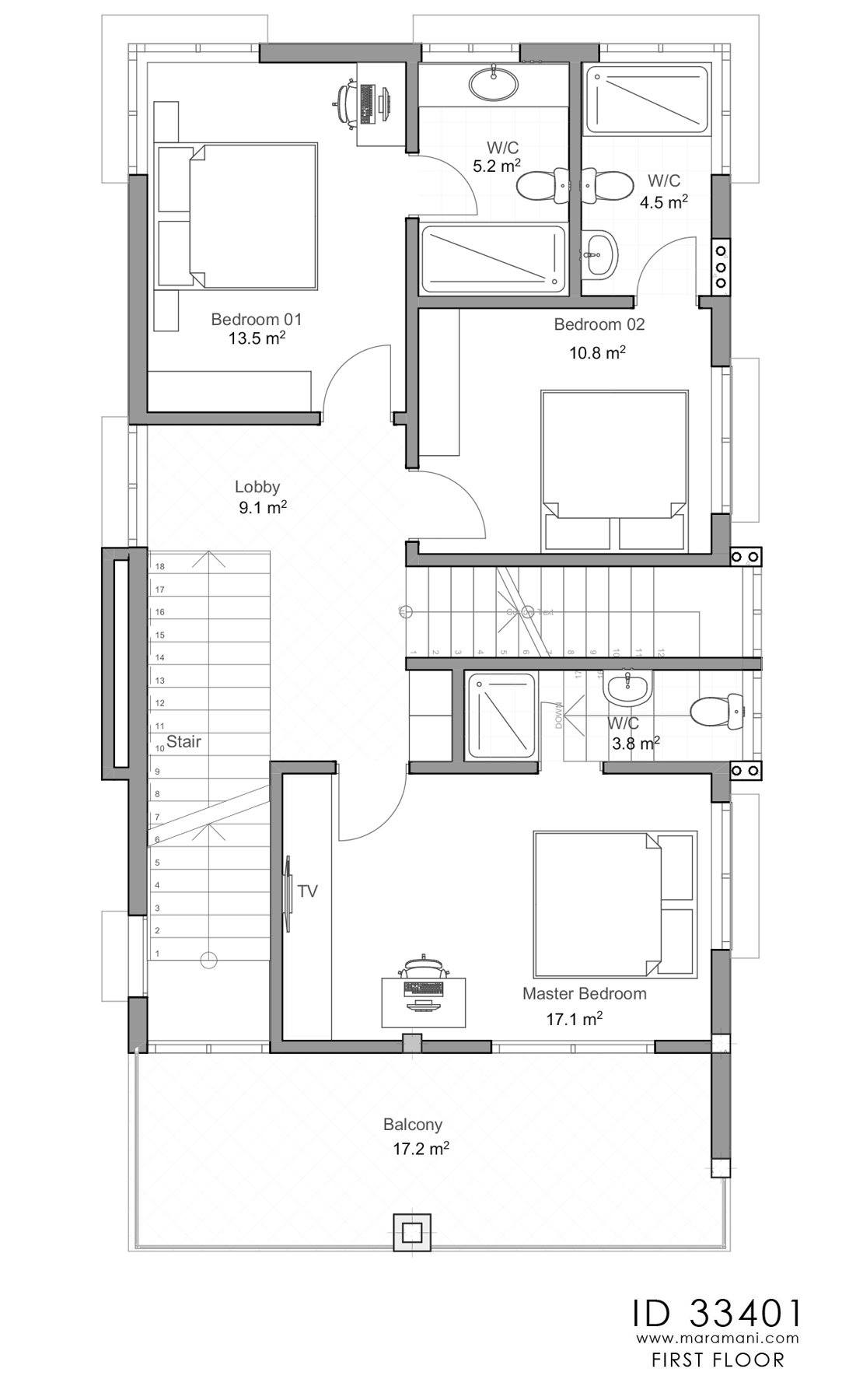 3 Bedroom House Plan with roof deck - ID 33401