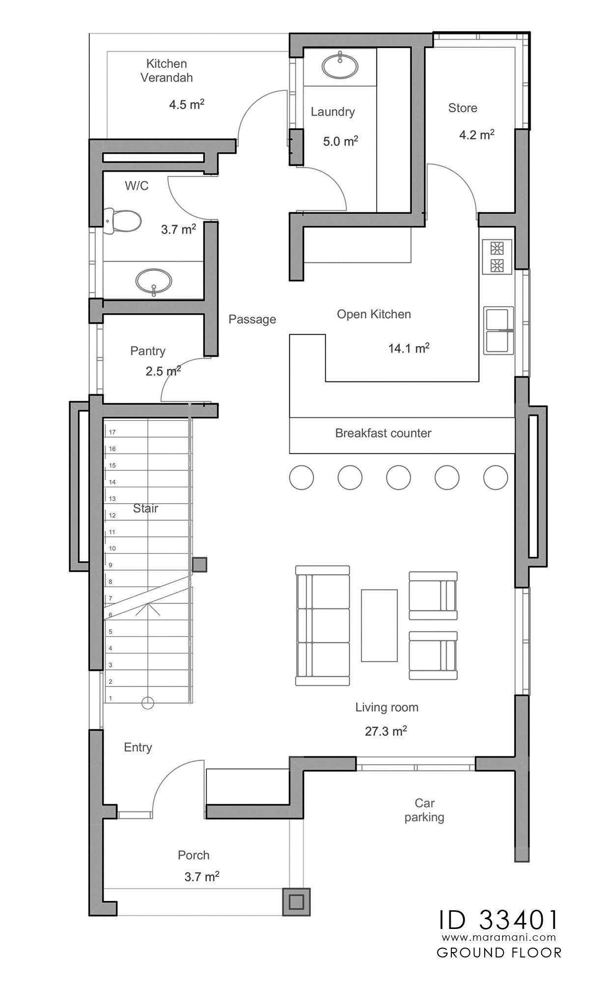 3 Bedroom House Plan with roof deck - ID 33401