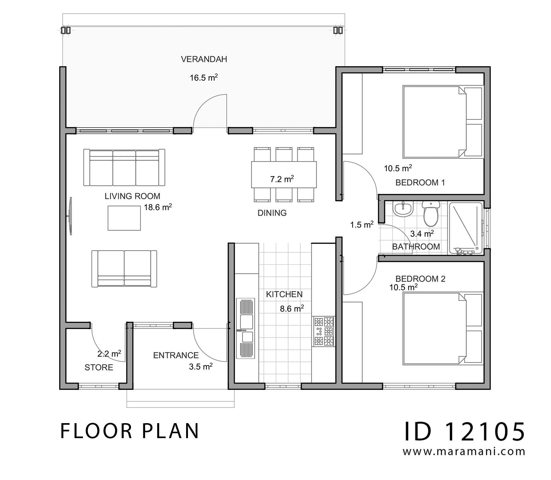 Simple 2 bedroom house plan - ID 12105