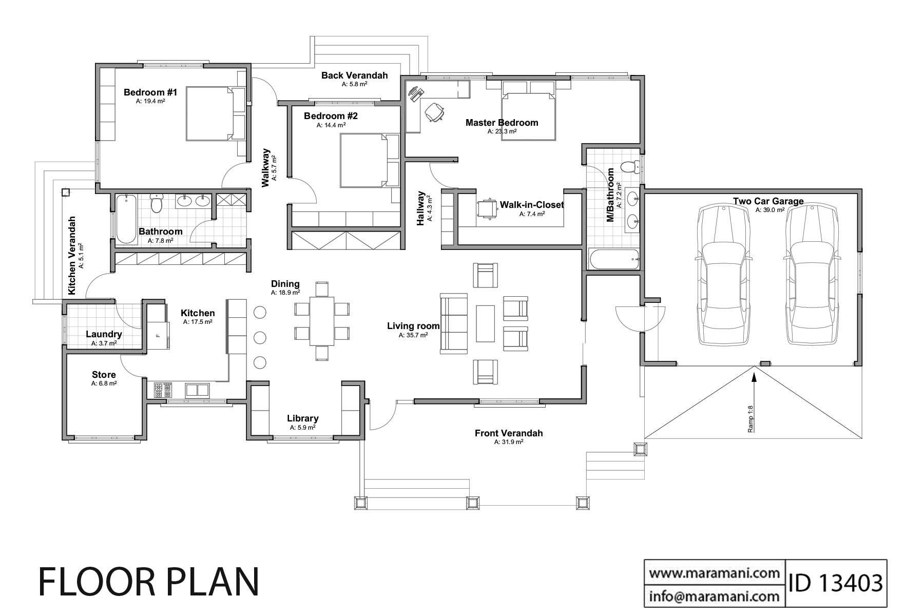 3 Bedroom Bungalow Plan - ID 13403