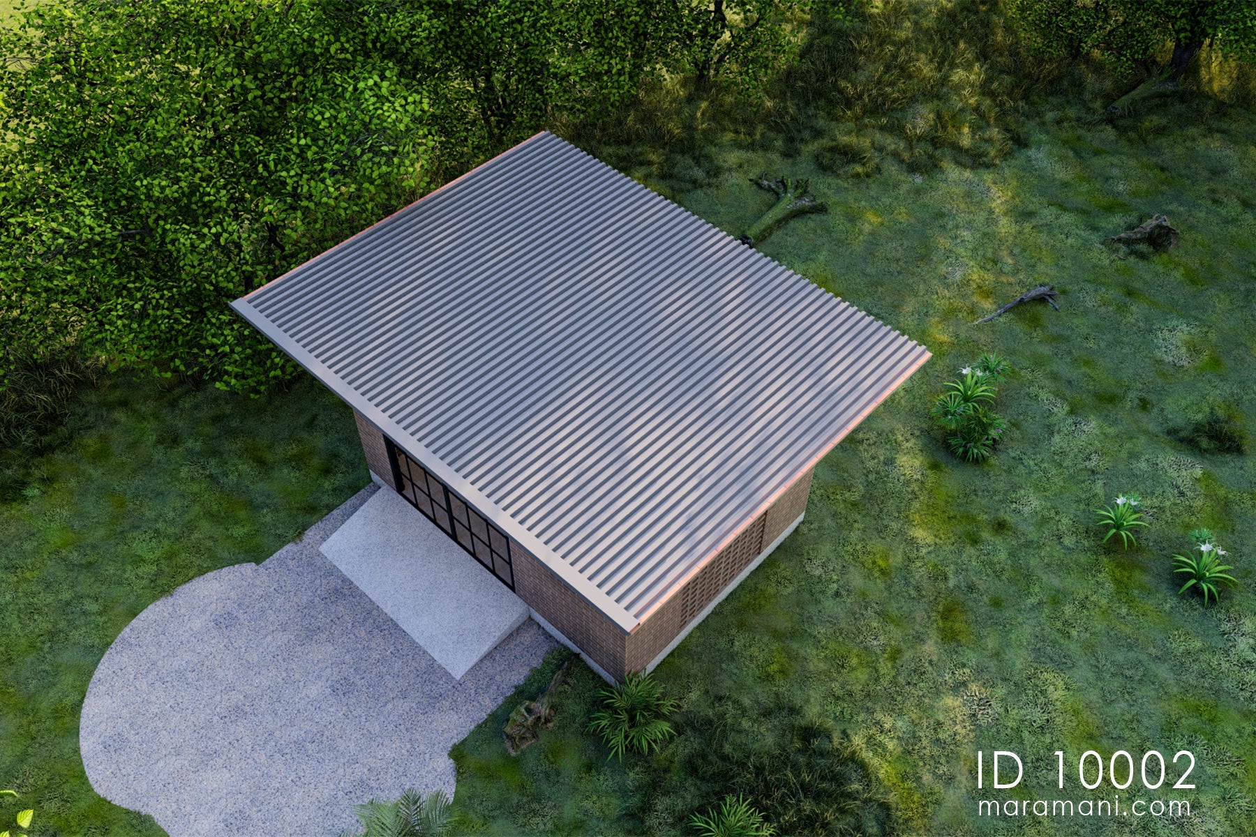 Aerial view of generator shed plan ID 10002 – flat mono-pitch roof and gravel forecourt set in landscaped plot by Maramani