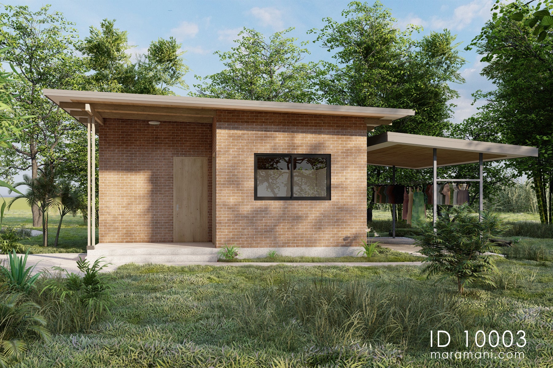 Laundry building plan ID 10003 – side elevation showing brick exterior, sliding windows, and extended steel canopy by Maramani