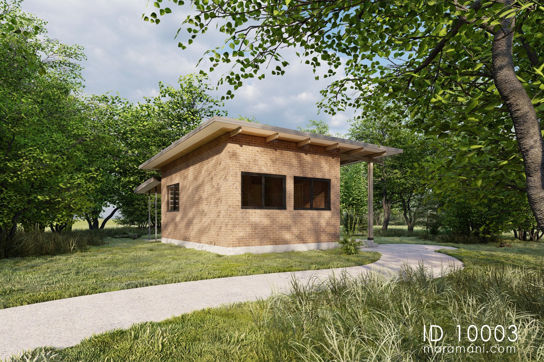 Laundry building plan ID 10003 – side elevation with brick parapet, sliding windows, and steel canopy by Maramani