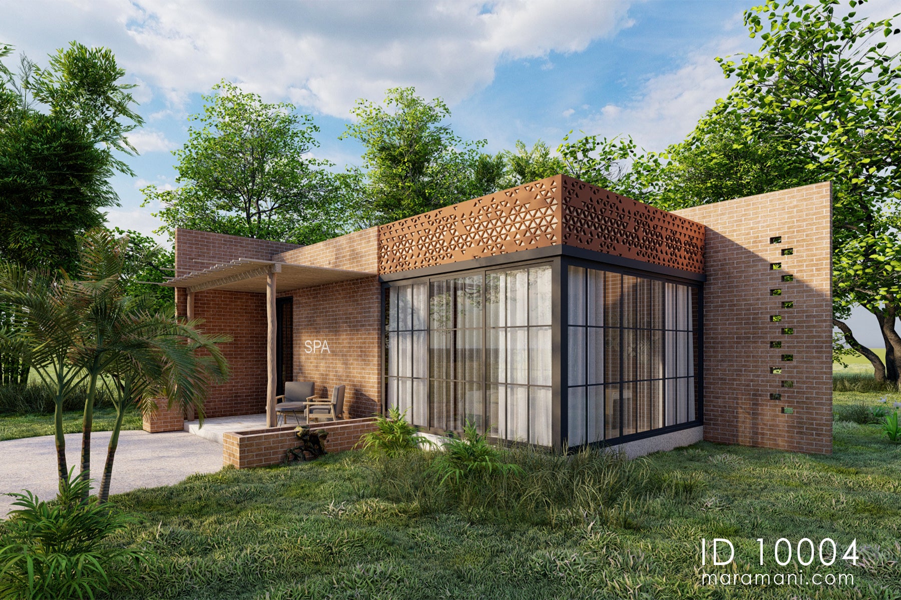 Brick spa and sauna building plan ID 10004 – spa entrance with face brick, pergola canopy, and seating area by Maramani