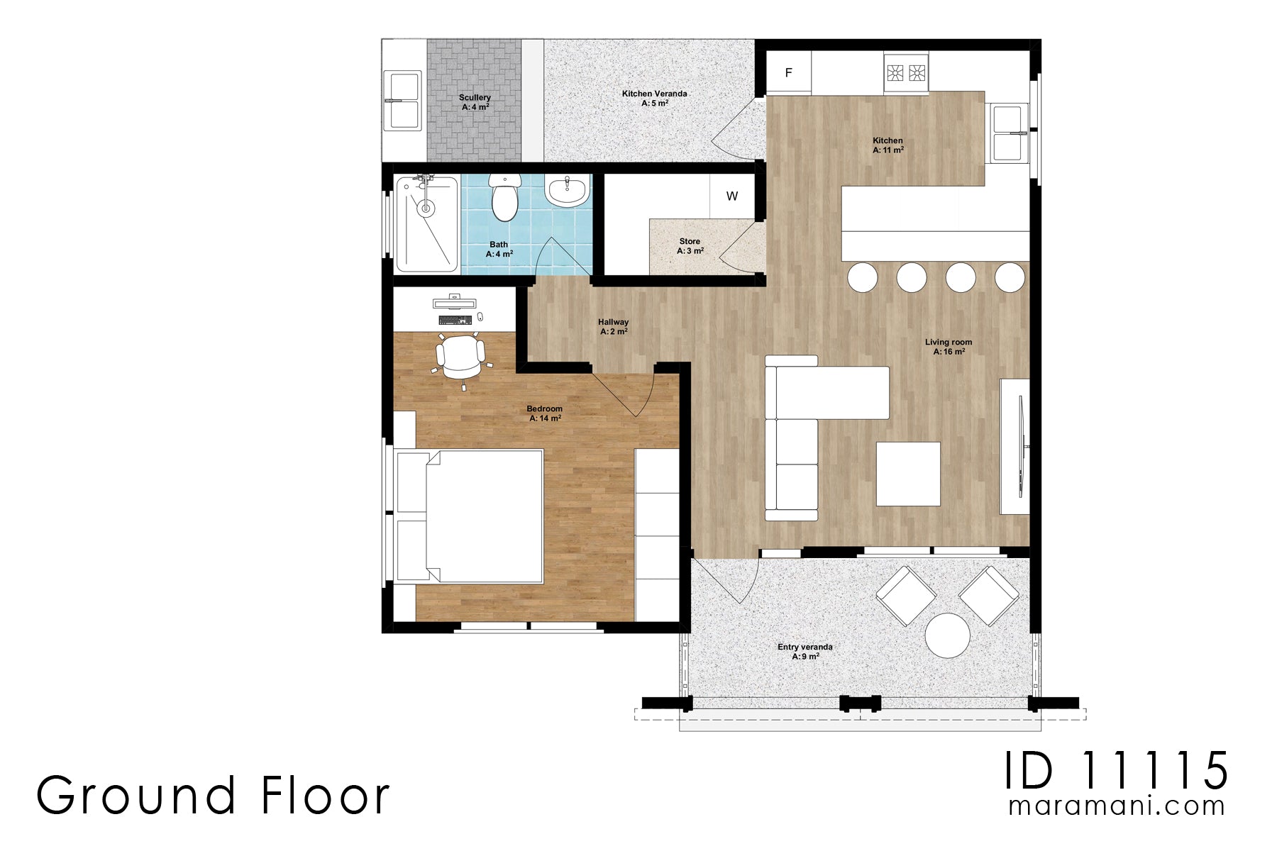 Charming 1-Bedroom, 1-Story House Plan - ID 11115