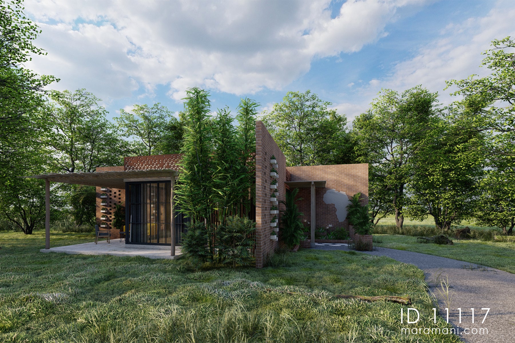 One-bedroom brick villa plan ID 11117 -  front elevation with deck, Perforated screen, and timber pergola by Maramani