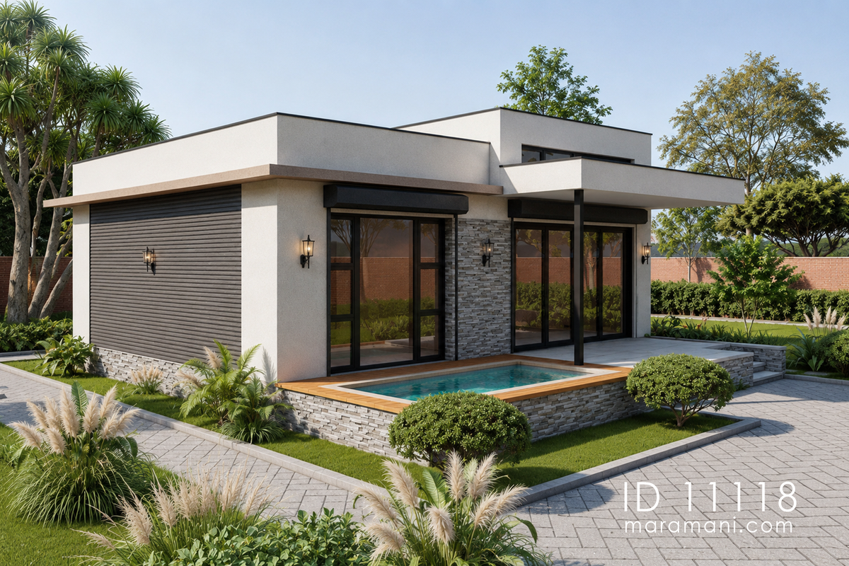 Modern 1 bedroom house plan ID 11118 – flat-roof home with plunge pool, stacked stone base, and glass sliding doors by Maramani