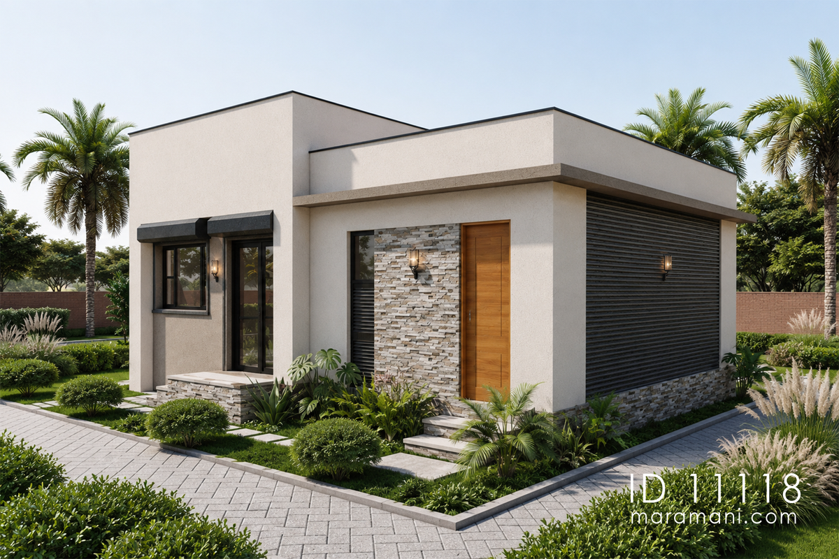 Rear view of modern 1 bedroom house plan ID 11118 – timber entry door, stacked stone feature wall, and dark horizontal cladding