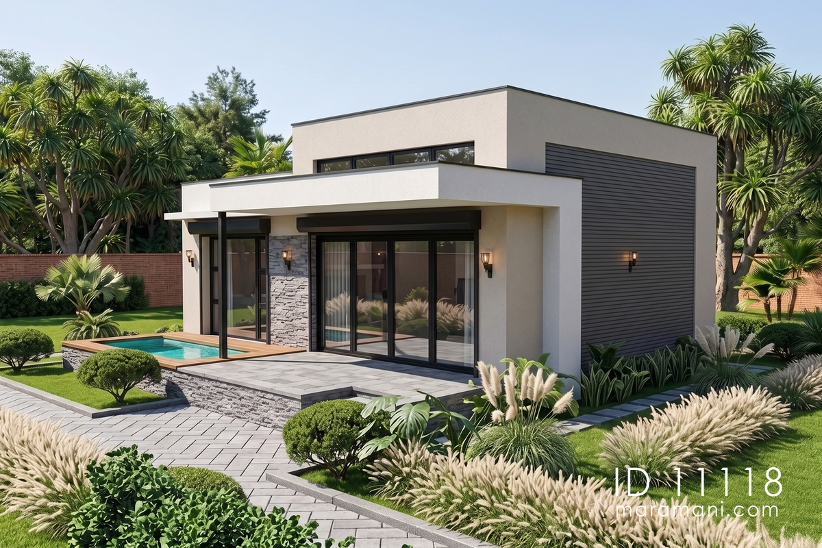 Front view of modern 1 bedroom house plan ID 11118 – covered verandah, clerestory windows, and plunge pool with timber deck edge