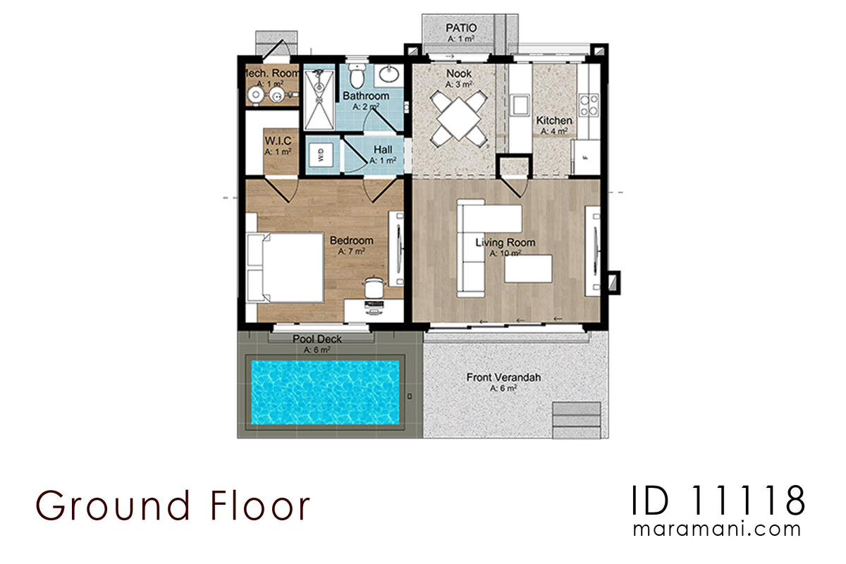 Floor plan of modern 1 bedroom house plan ID 11118