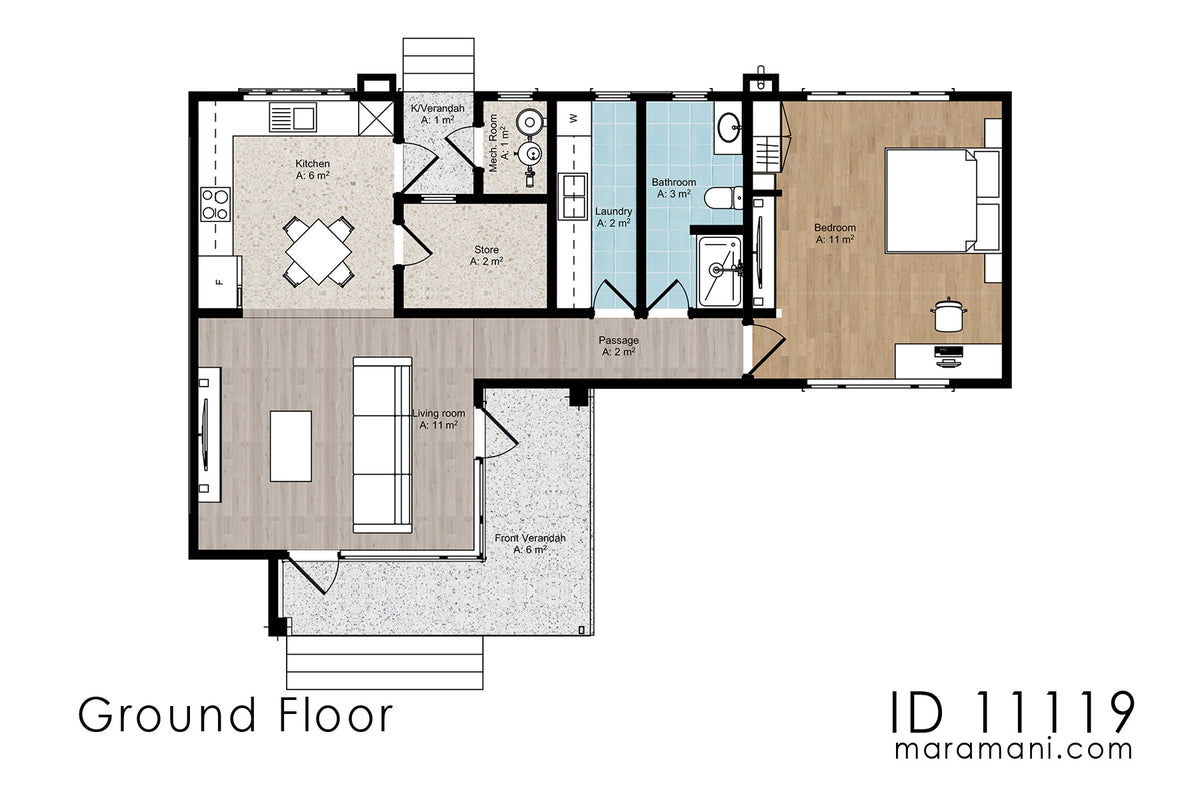 Floor plan of modern compact 1 bedroom house plan - ID 11119 - Maramani House Plans