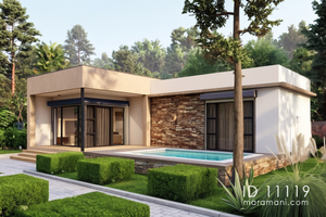 Modern compact 1 bedroom house plan ID 11119 – flat-roof home with plunge pool, stacked stone wall, and covered verandah by Maramani