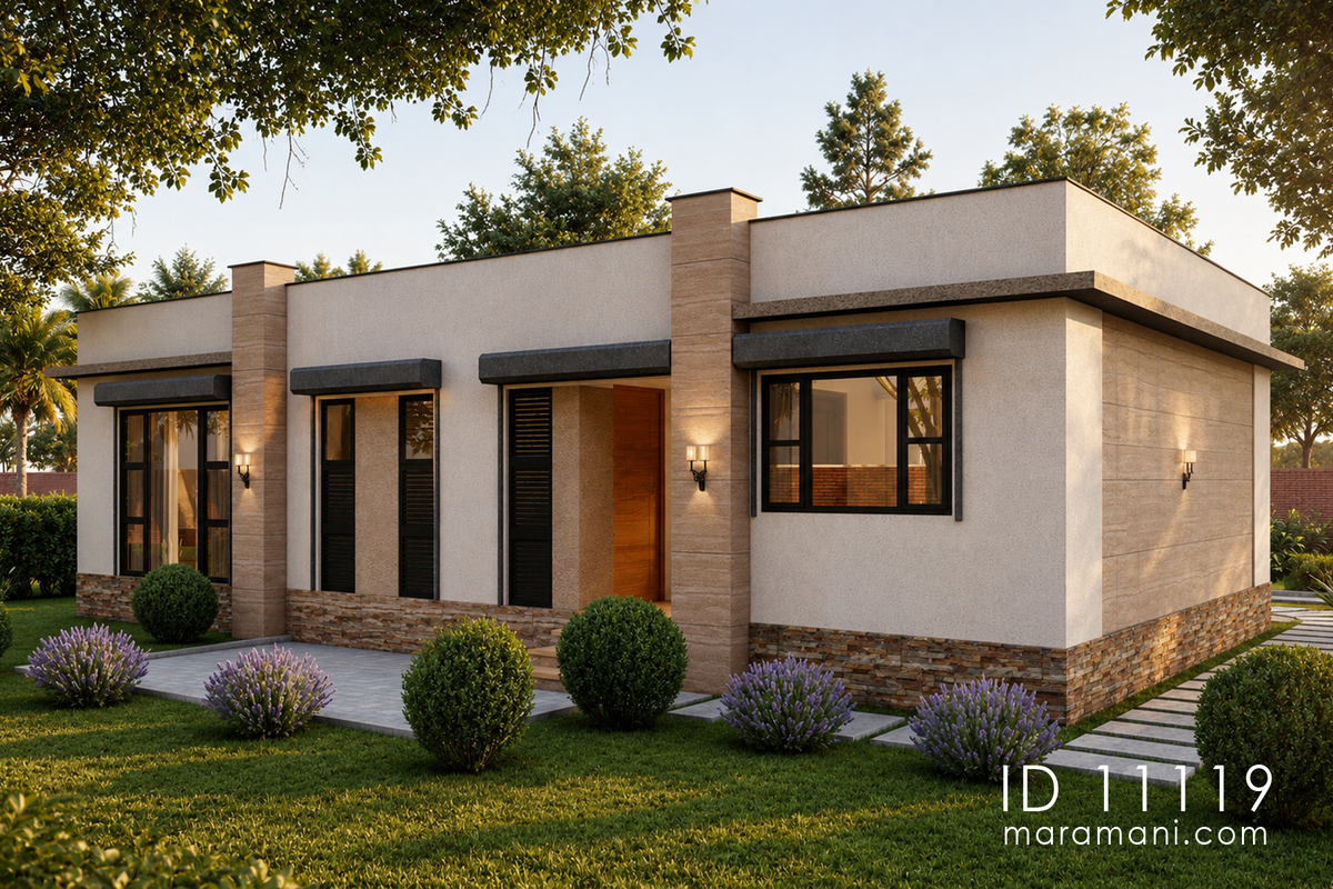 Golden hour rear view of modern compact 1 bedroom house plan ID 11119 – timber door, stone-clad pilasters, and black louvred shutters