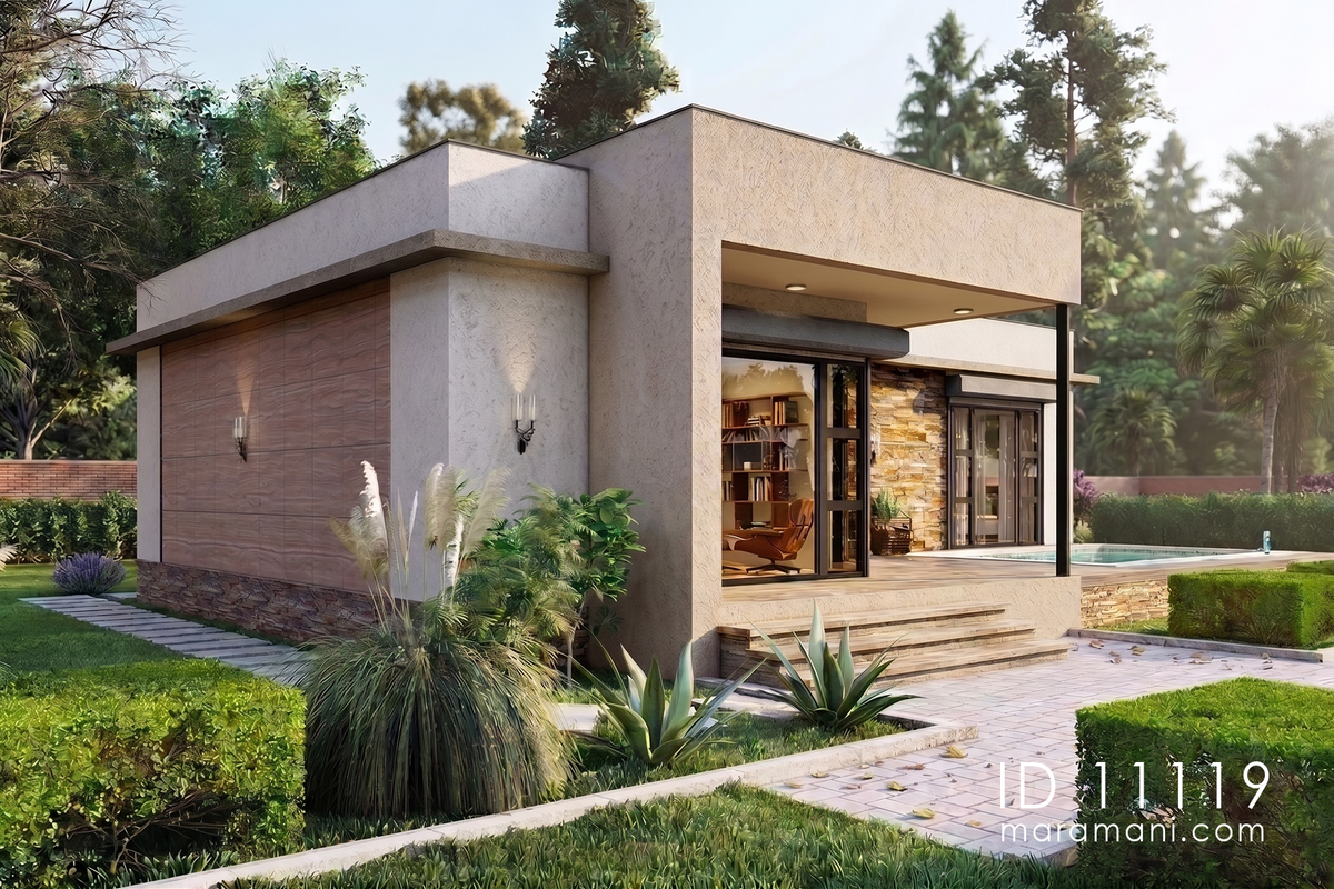 Side corner view of modern compact 1 bedroom house plan ID 11119 – wood-look wall cladding, stone plinth, and verandah steps beside the pool
