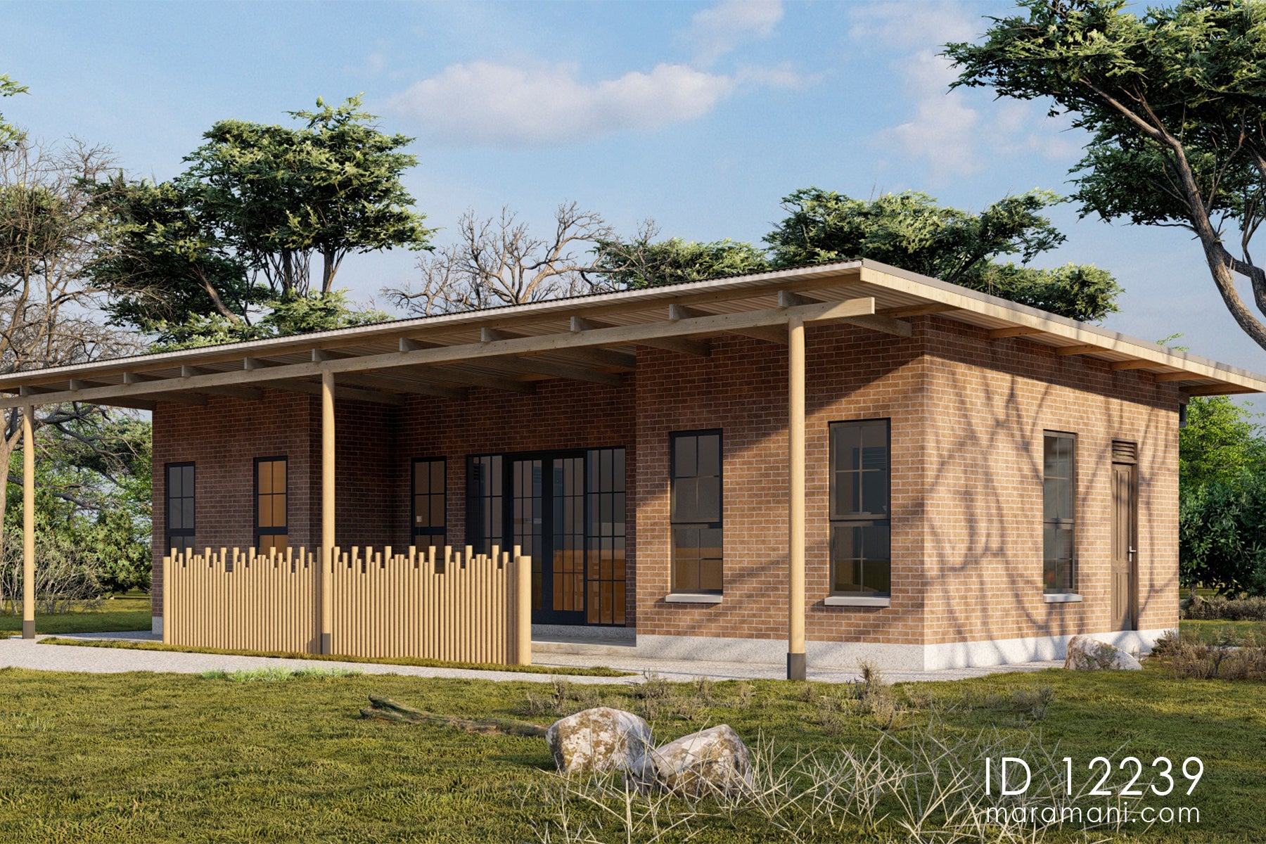 Exterior view of simple two-bedroom house plan ID 12239 – mono-pitch roof and brick walls with timber columns by Maramani