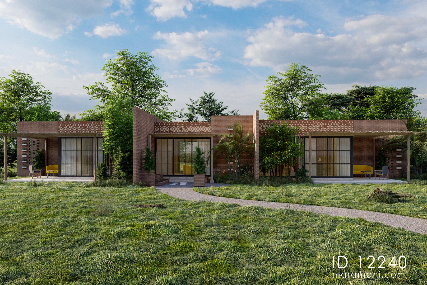Two-bedroom brick villa plan ID 12240 – front elevation with face brick, Corten parapet, and full-height glazing by Maramani