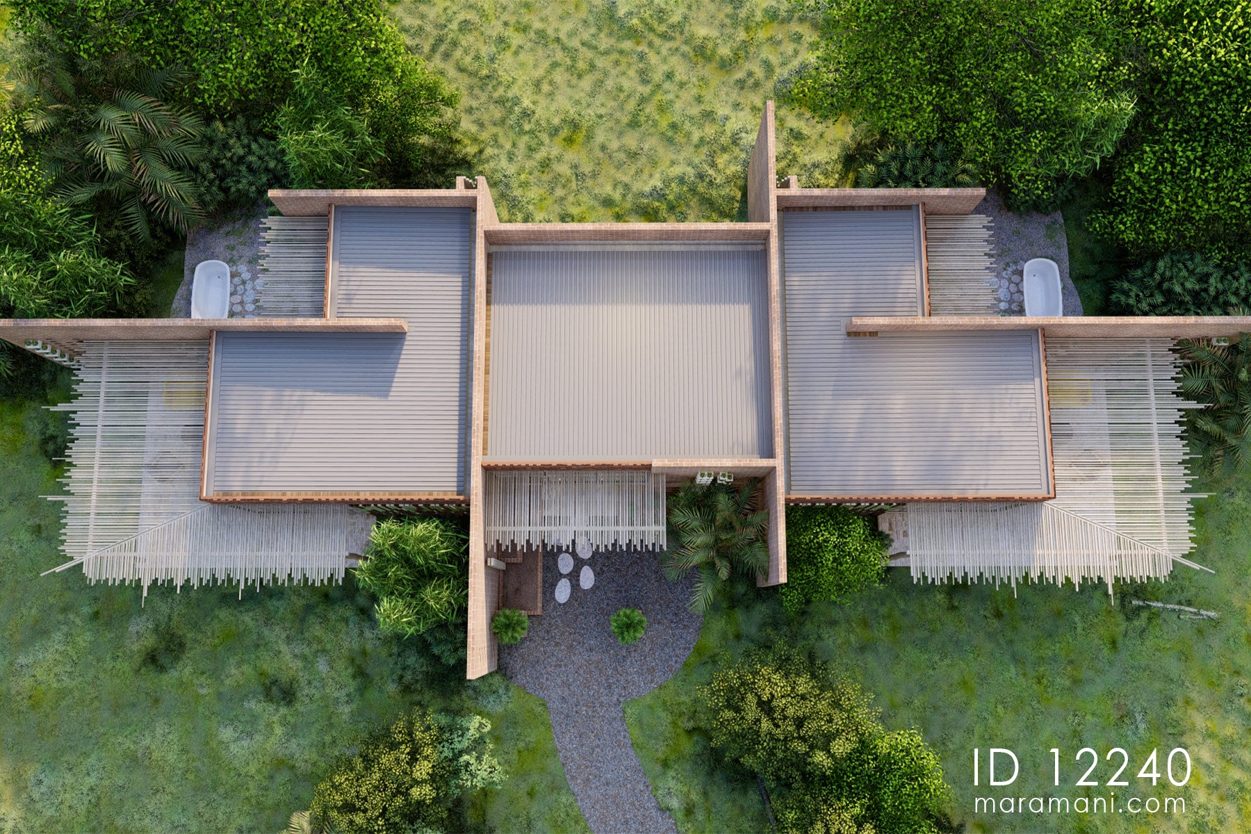 Aerial top-down view of two-bedroom brick villa plan ID 12240 – three-pavilion roof layout set in landscaped plot by Maramani