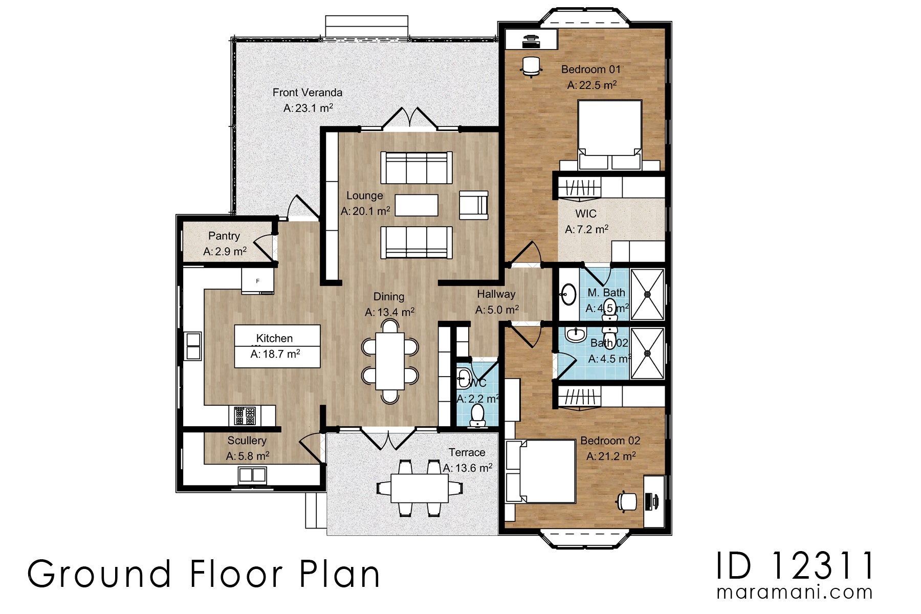 Spacious 2-Bedroom, 1-Story House Plan - ID 12311