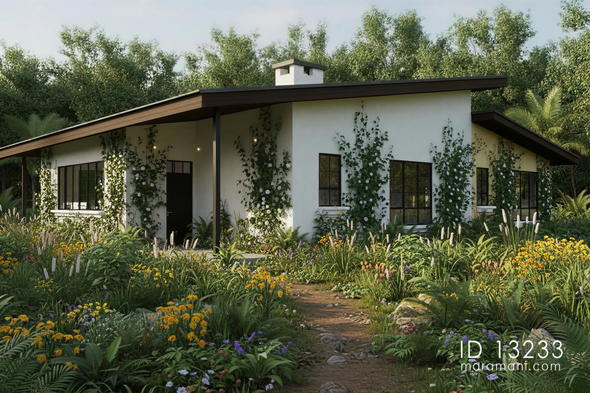 Garden path view of open living 3 bedroom house plan ID 13233 – white walls with climbing vines, black-framed windows, and chimney