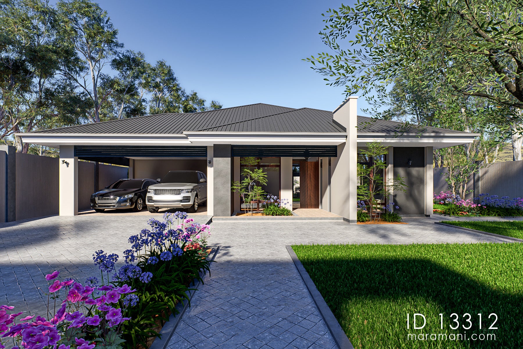 Modern 3 bedroom bungalow house plan ID 13312 – front elevation showing covered carport, timber entrance, and landscaped driveway by Maramani