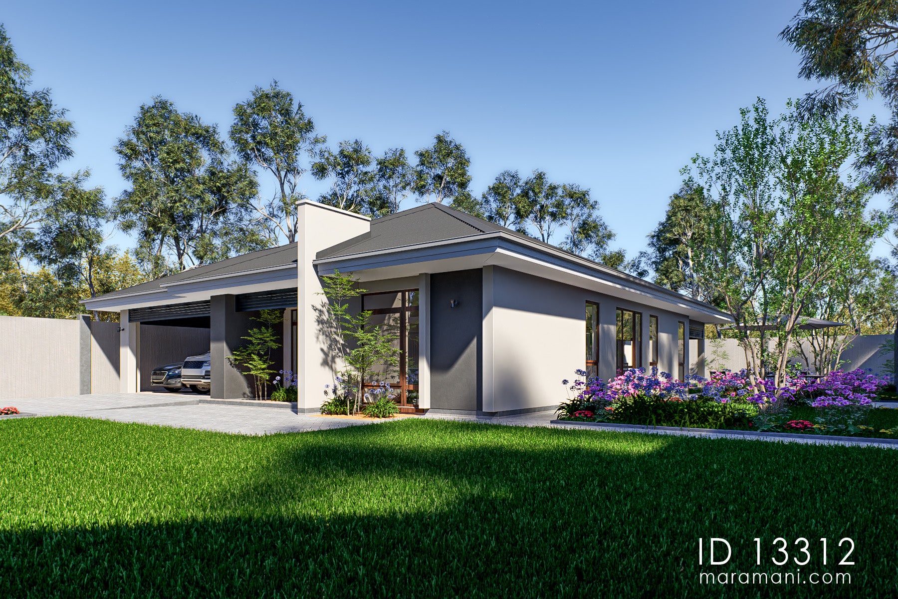 Modern 3 bedroom bungalow house plan ID 13312 – angled front view with charcoal hip roof, grey render, and Dark-framed windows by Maramani