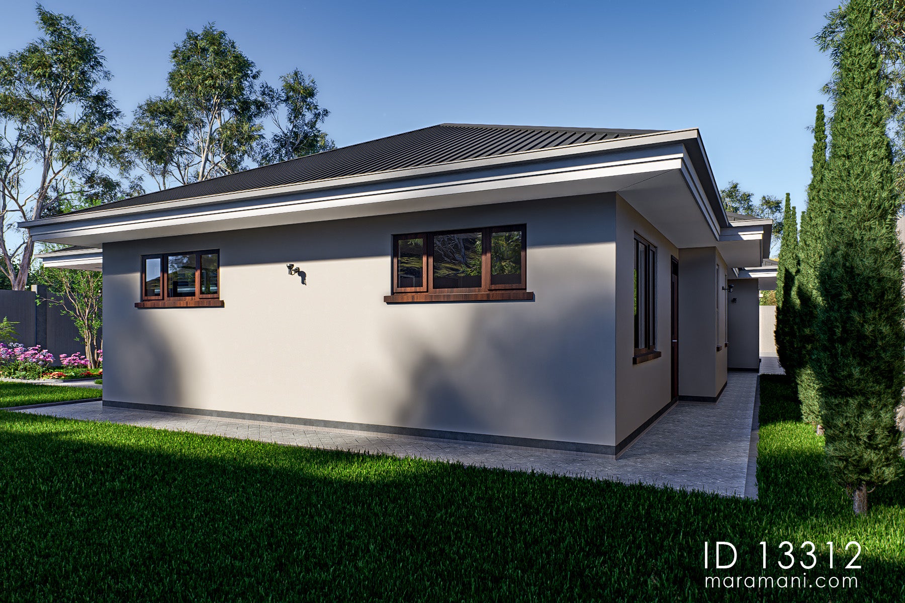 Side elevation of modern 3 bedroom bungalow house plan ID 13312 – smooth grey rendered walls, timber window sills, and garden setting by Maramani