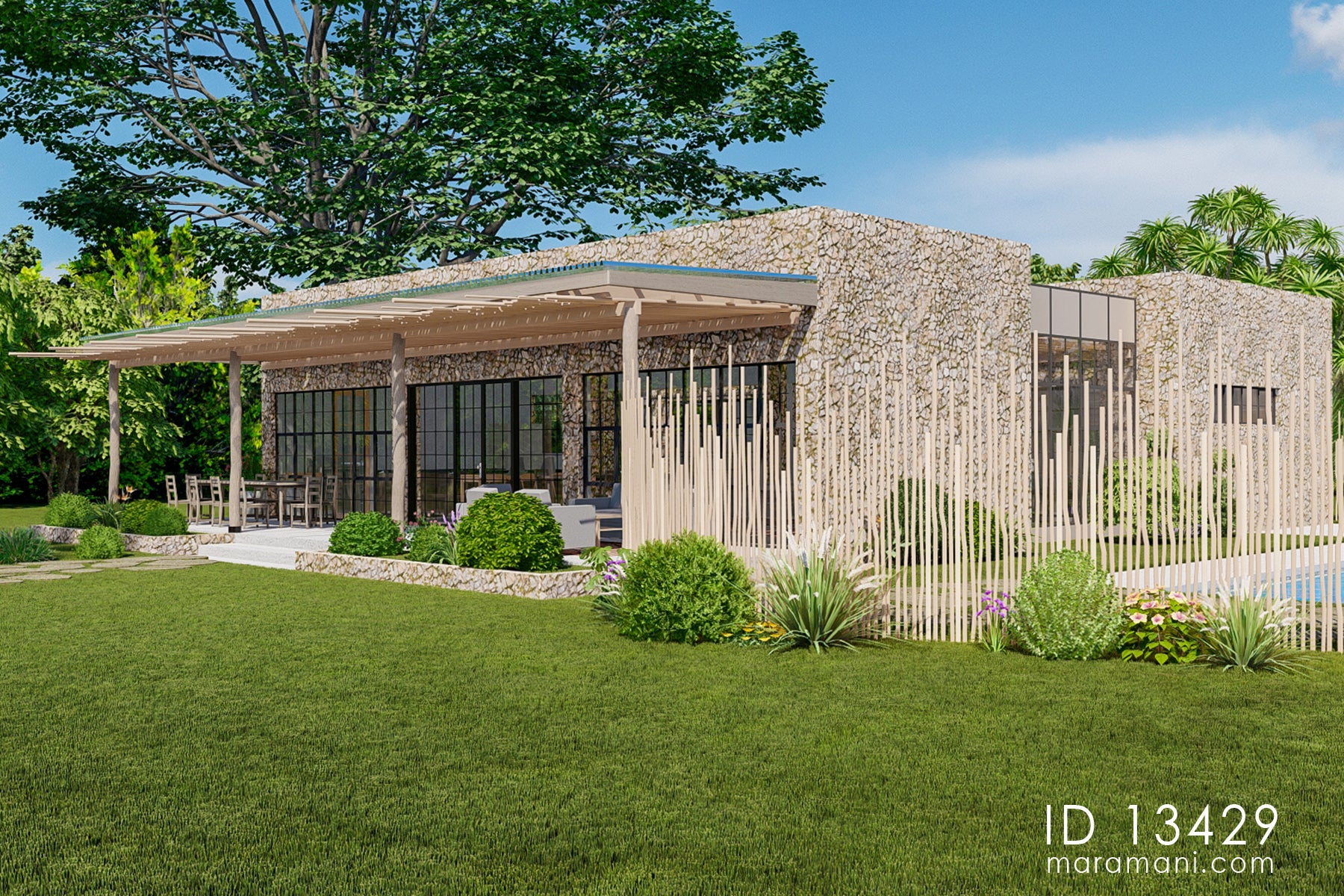 Side elevation of 3 bedroom luxury tropical villa plan ID 13429 – dry-stone rubble walls, timber pole screen fencing, and pool by Maramani
