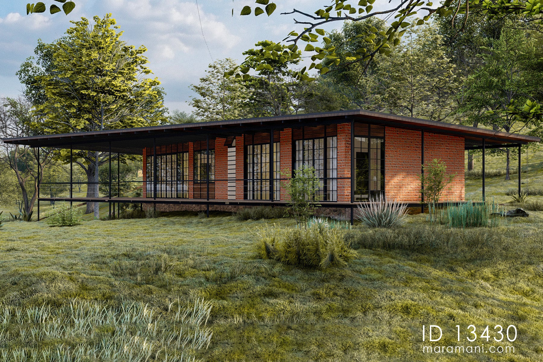 Side view of Linear 3 Bedroom Simple Roof House Plan ID 13430 – full-length brick and glass facade with flat overhanging roof on steel columns