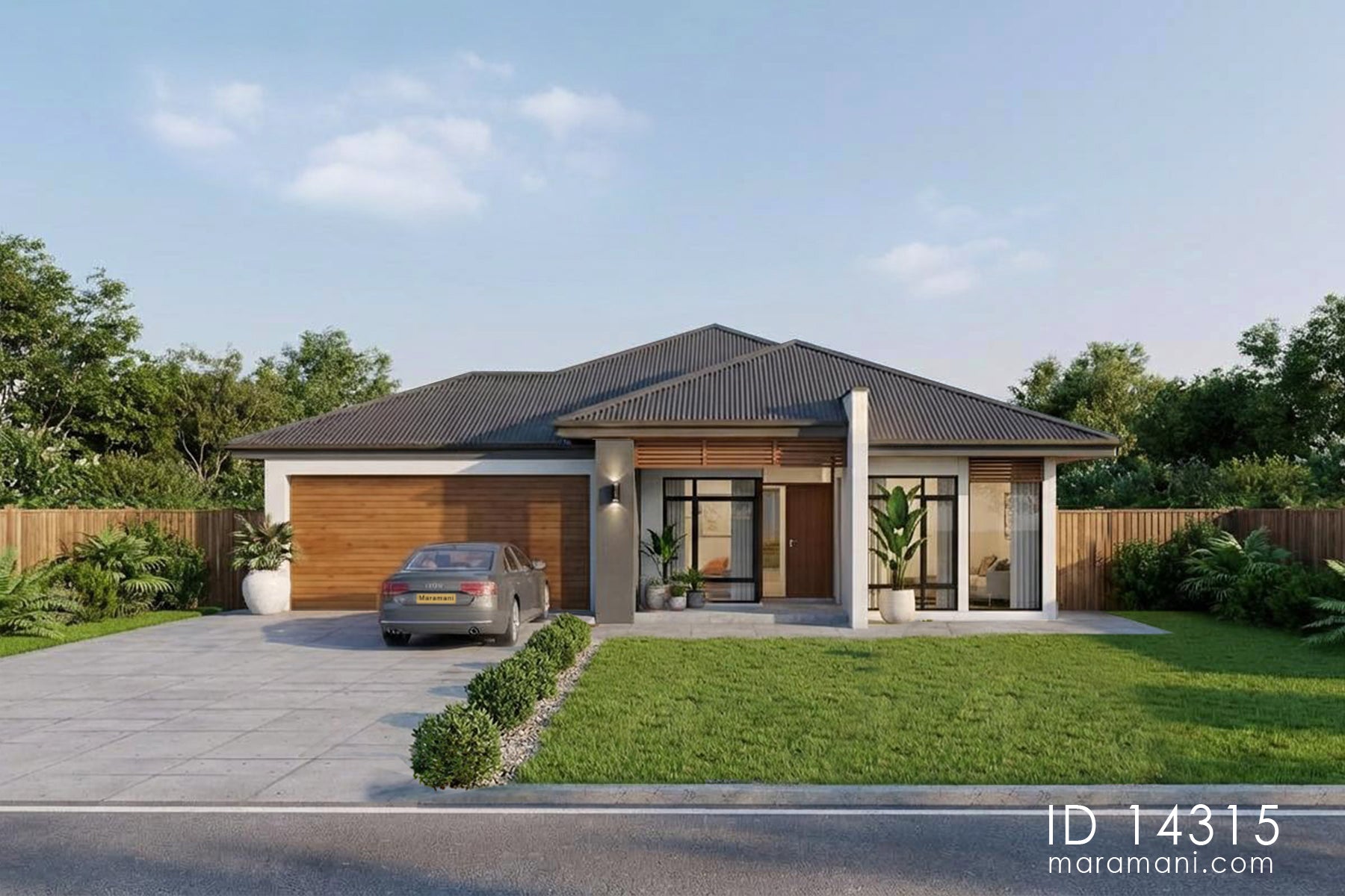 Modern 4 bedroom bungalow ID 14315 – street elevation with hip roof and timber garage door by Maramani