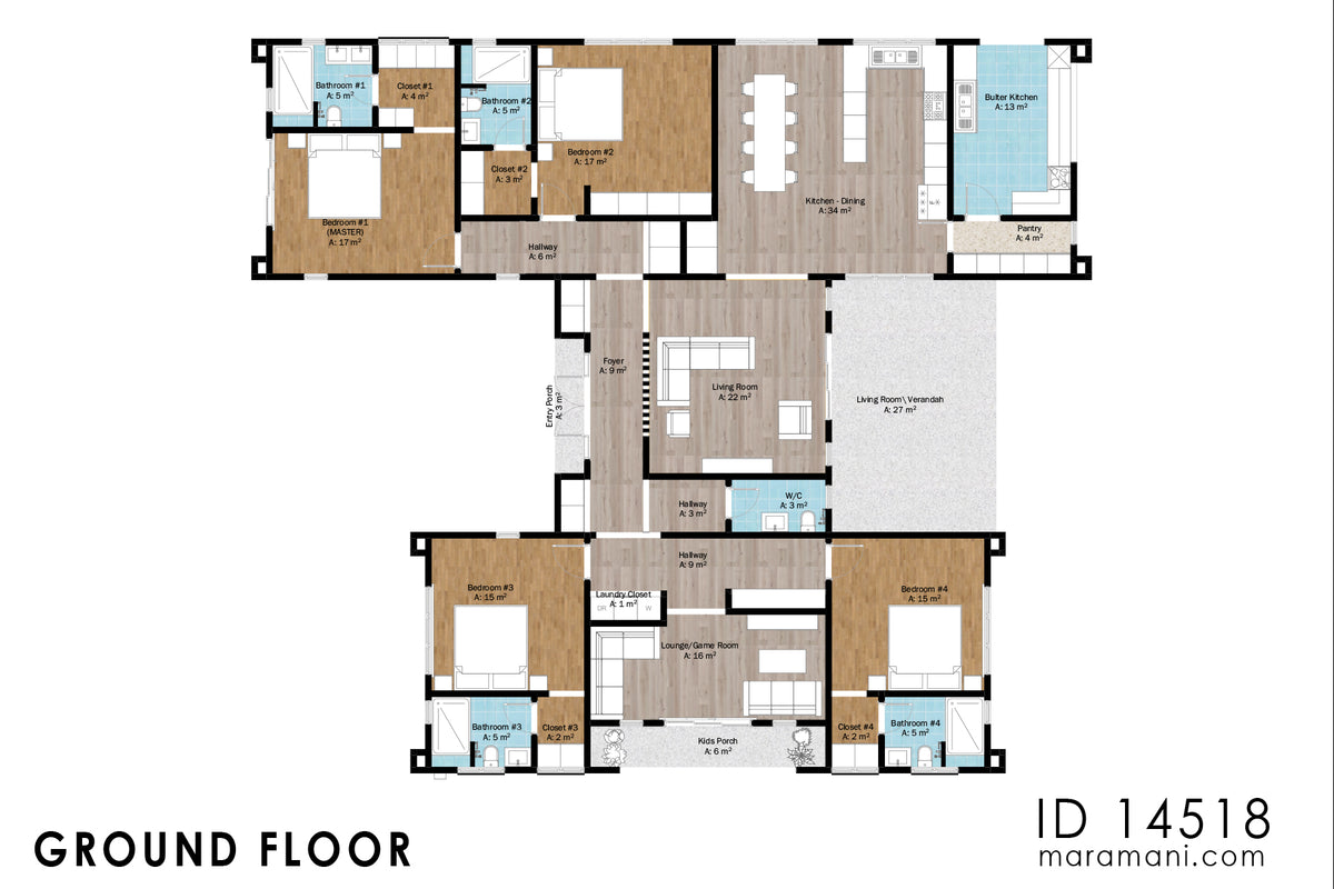 4-Bedroom H-Shaped Bungalow House Plan – ID 14518