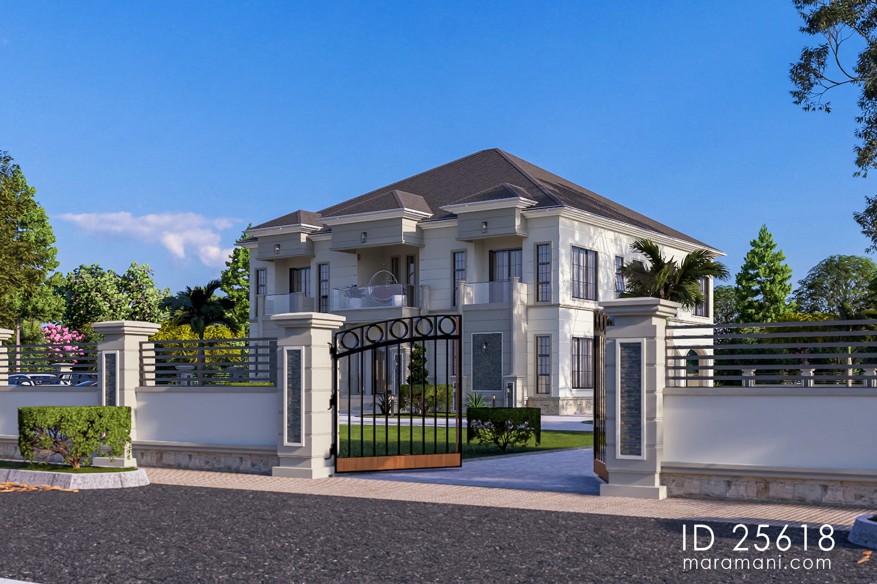 Contemporary classical 5 bedroom house plan ID 25618 – gated entrance with ornamental ironwork and formal front garden by Maramani