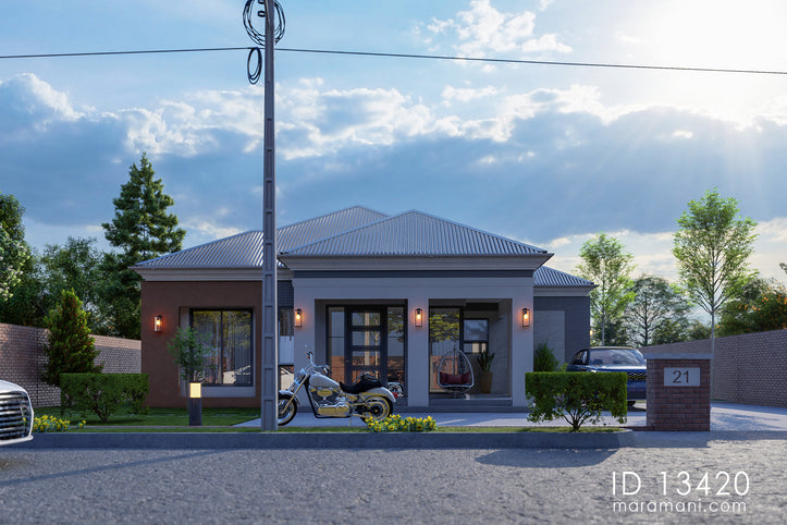 A front view of Low-budget modern 3-bedroom house design - ID 13420 with metal sheet roofing 