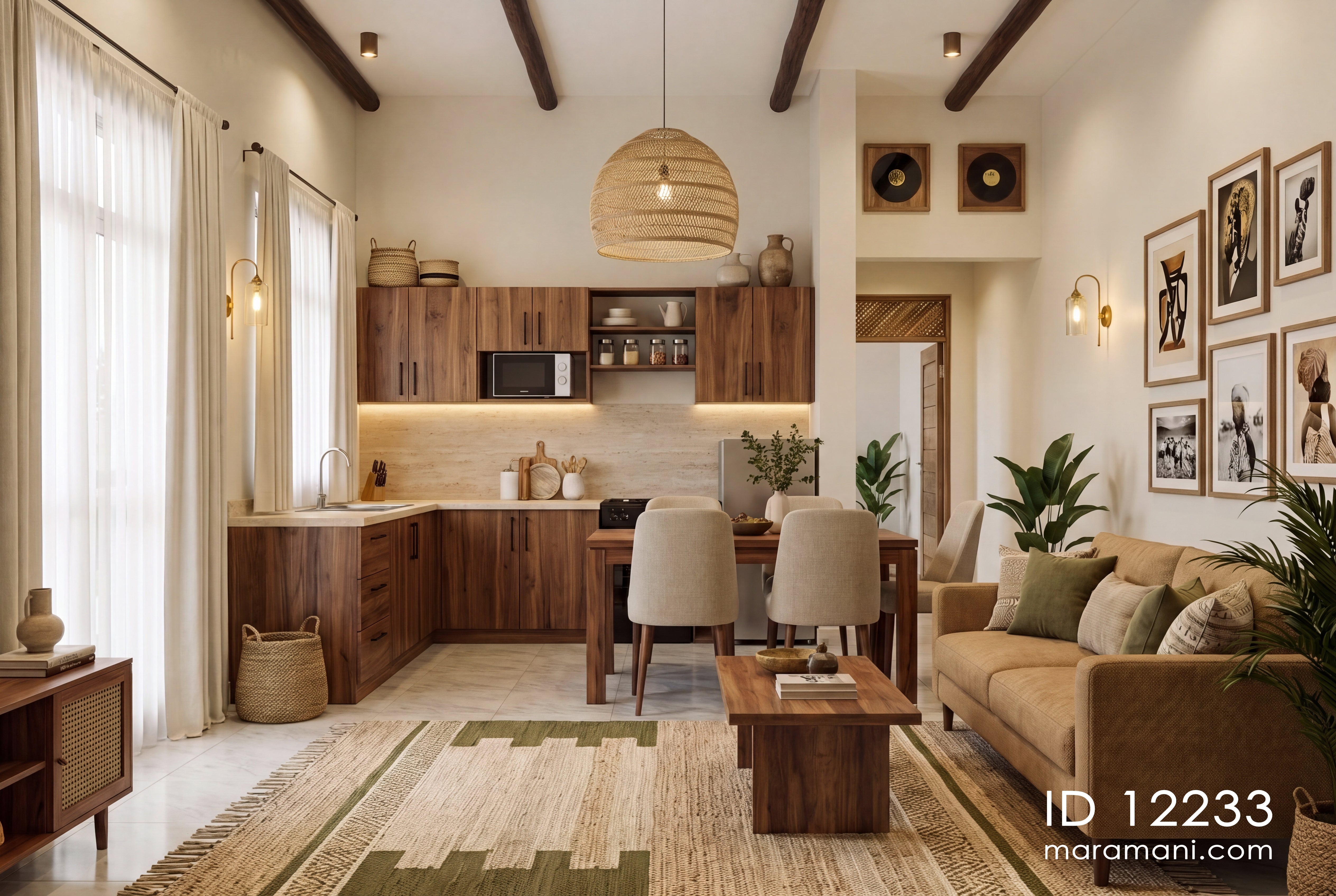 A modern open-plan kitchen and living room interior with warm wood cabinetry, a woven pendant light, beige sofa, plants, and a patterned rug in a bright, stylish home setting.