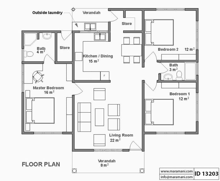 3 Bedroom 2 bath House Plan - ID 13203 - House Designs by Maramani