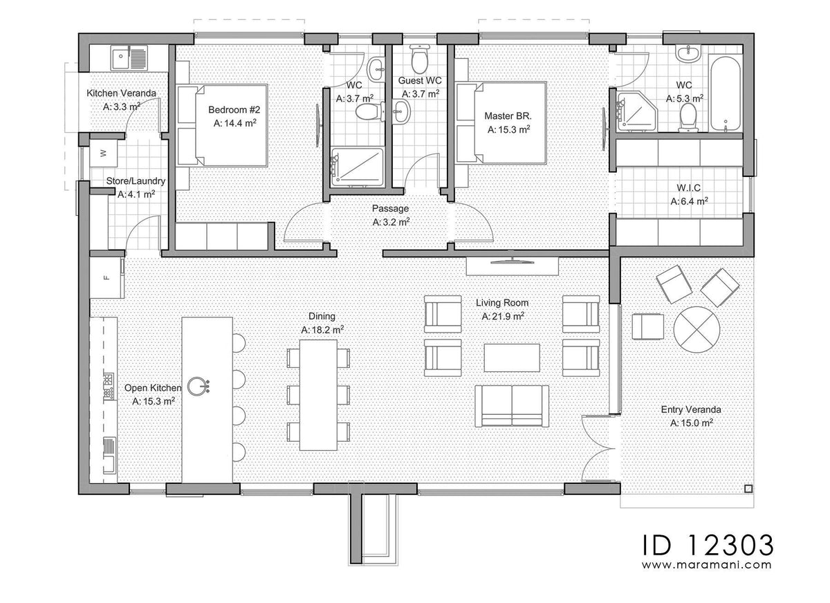 2 bedroom house plans open floor plan - ID 12303