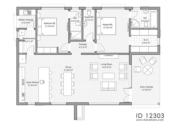 2 bedroom house plans open floor plan - ID 12303