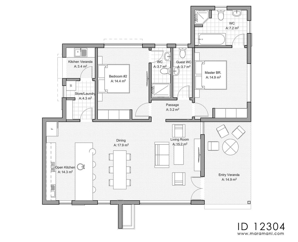 2 bedroom house plans open floor plan - ID 12304