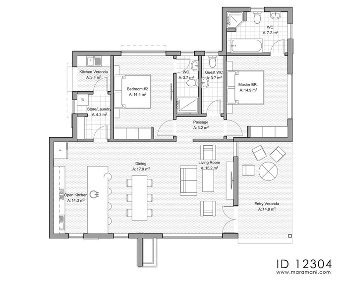 2 bedroom house plans open floor plan - ID 12304
