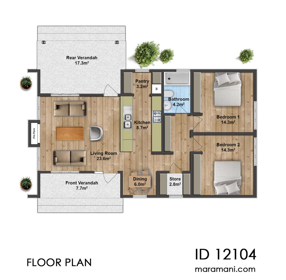 2 bedroom house plans open floor plan - ID 12104