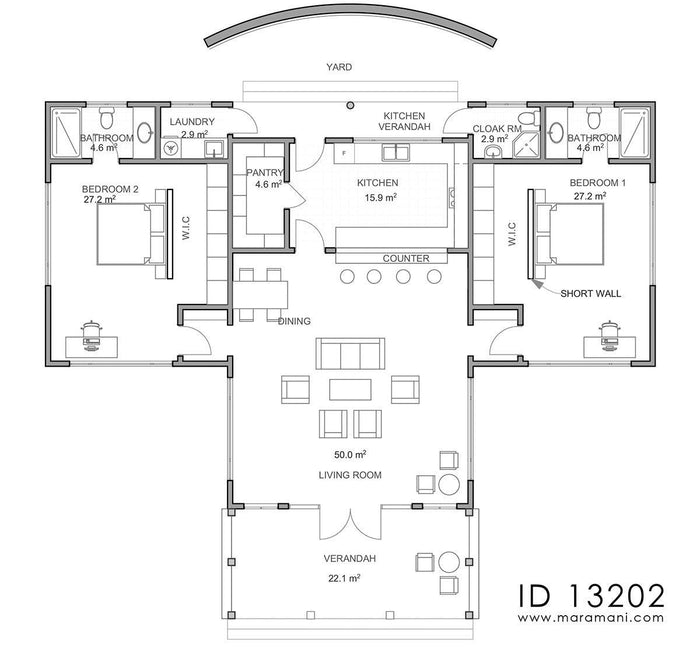 2 bedroom house plans open floor plan - ID 12302